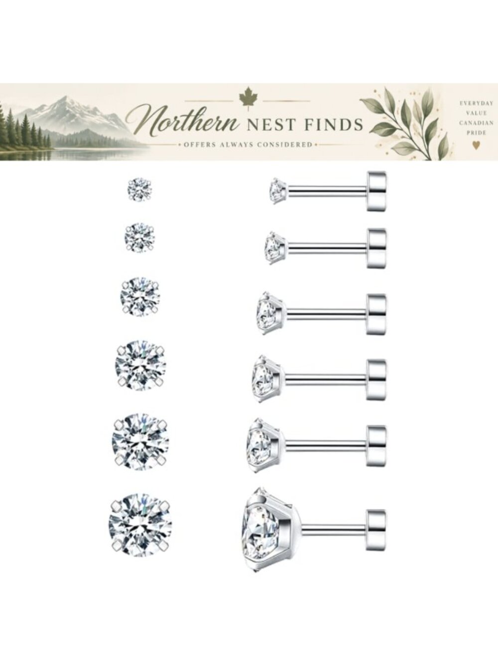 Hypoallergenic Cubic Zirconia Stud Earrings Surgical Steel Screw Back